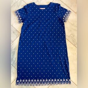 Jude Connally, womens Large, navy blue white eyelet embroidered midi shift dress